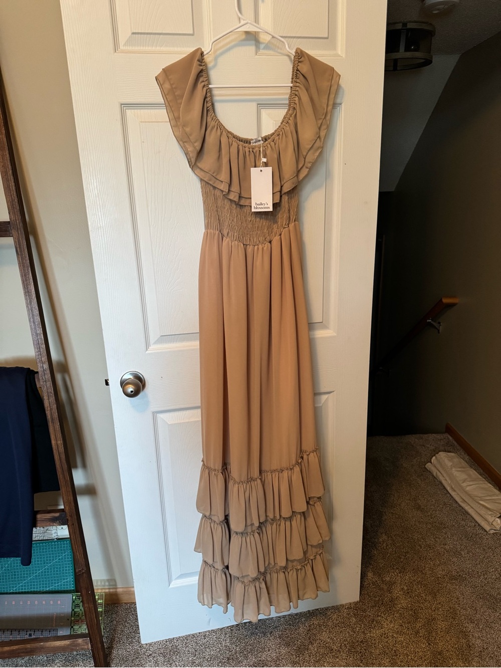 Ruffled Off-Shoulder Maxi Dress in Tan